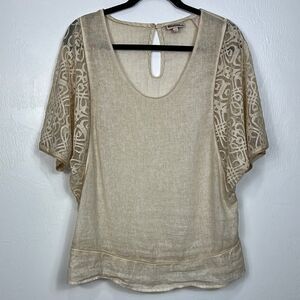 Azucar Beige Linen Lace Detailing Short Sleeve Top Blouse Size M